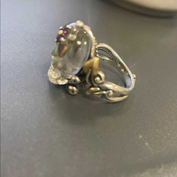 Barbara Bixby Silver and 14 K Gold Quartz Carved Skull Ring with Garnet Gemstone - Picture 2 of 8